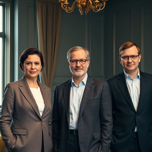 Skupinový portrét troch finančných odborníkov v uhlovo-krémovej zasadačke